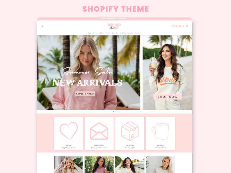 Refined Elegance Boutique Shopify Theme | Pink Shopify Template Feminine, Minimal & Cute Design | Editable Canva Templates | Shopify OS 2.0